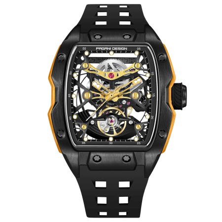 Ceasuri barbatesti - Ceas Automatic PAGANI DESIGN PD-YS018 Black Gold Skeleton, Safir, 42mm, 50M