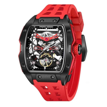 Ceasuri barbatesti - Ceas Automatic PAGANI DESIGN PD-YS018 Black Red Skeleton, Safir AR, 42mm, 50M