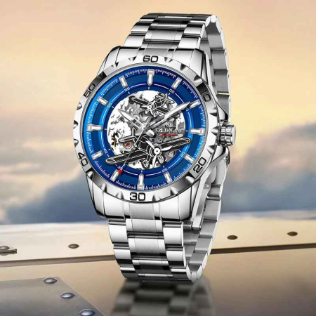 Ceas Automatic Skeleton Bărbați, Glenaw, Design Luxury din Oțel Inoxidabil, 43mm, Rezistent la Apă 3ATM, Curea Metalică [1]