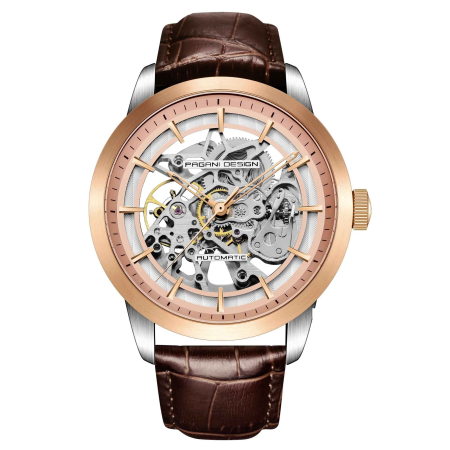 Ceasuri barbatesti - Ceas automatic skeleton bărbați PAGANI DESIGN PD-1638 auriu, 43 mm, mecanism G3265Z, curea piele maro, stil elegant premium