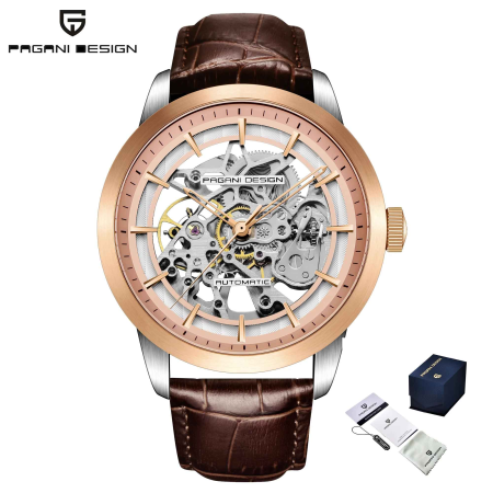 Ceas automatic skeleton bărbați PAGANI DESIGN PD-1638 auriu, 43 mm, mecanism G3265Z, curea piele maro, stil elegant premium [3]