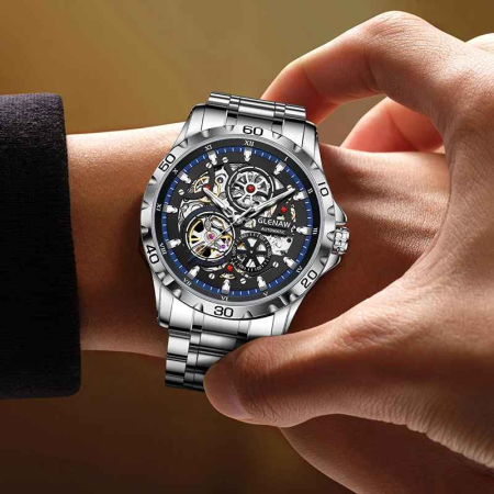 Ceas Automatic Skeleton Glenaw Silver Blue – Mecanic, Cadran Transparent, Luminous, Waterproof 3ATM, Brățară Oțel, 43mm [4]