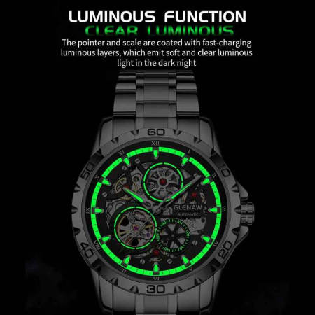 Ceas Automatic Skeleton Glenaw Silver Blue – Mecanic, Cadran Transparent, Luminous, Waterproof 3ATM, Brățară Oțel, 43mm [5]