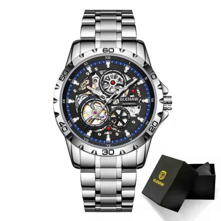 Ceas Automatic Skeleton Glenaw Silver Blue – Mecanic, Cadran Transparent, Luminous, Waterproof 3ATM, Brățară Oțel, 43mm [1]