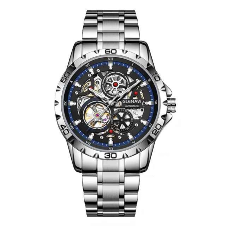 Ceasuri barbatesti - Ceas Automatic Skeleton Glenaw Silver Blue – Mecanic, Cadran Transparent, Luminous, Waterproof 3ATM, Brățară Oțel, 43mm