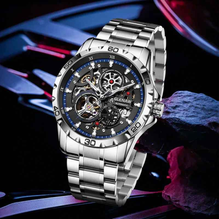 Ceas Automatic Skeleton Glenaw Silver Blue – Mecanic, Cadran Transparent, Luminous, Waterproof 3ATM, Brățară Oțel, 43mm [2]