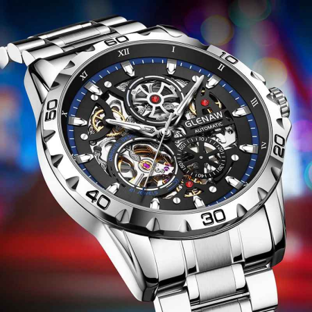 Ceas Automatic Skeleton Glenaw Silver Blue – Mecanic, Cadran Transparent, Luminous, Waterproof 3ATM, Brățară Oțel, 43mm [6]