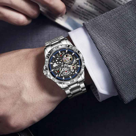 Ceas Automatic Skeleton Glenaw Silver Blue – Mecanic, Cadran Transparent, Luminous, Waterproof 3ATM, Brățară Oțel, 43mm [3]