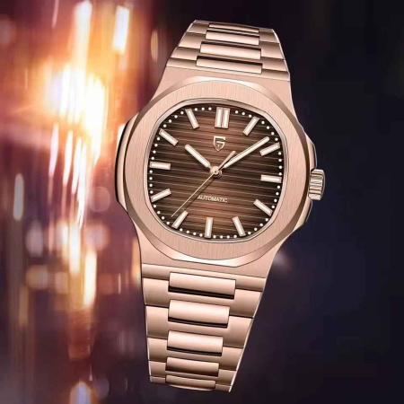 Ceas bărbătesc automat PD-1728, cadran maro texturat, carcasă rose gold 40mm, oțel inoxidabil, sticlă safir, mecanism Hiou ST6 [5]