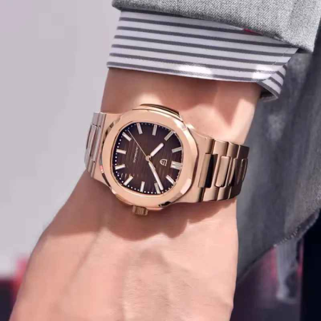 Ceas bărbătesc automat PD-1728, cadran maro texturat, carcasă rose gold 40mm, oțel inoxidabil, sticlă safir, mecanism Hiou ST6 [4]