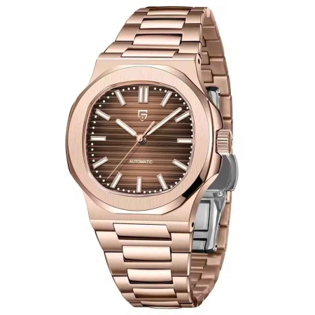 Modele noi - Ceas bărbătesc automat PD-1728, cadran maro texturat, carcasă rose gold 40mm, oțel inoxidabil, sticlă safir, mecanism Hiou ST6