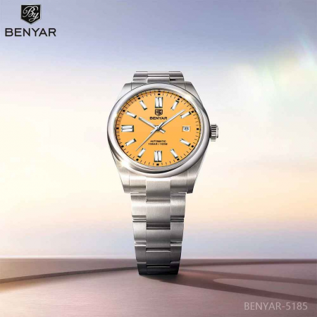 Ceas bărbătesc BENYAR BY-5185, cadran galben, automatic, mecanic, luxury sport, oțel inoxidabil, 10Bar, calendar complet [3]