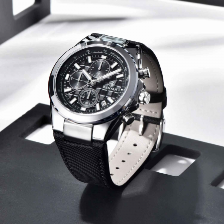 Ceas bărbătesc BENYAR BY-5206, cadran negru, cronograf quartz, luxury, curea din piele neagră, rezistent la apă 3Bar [1]