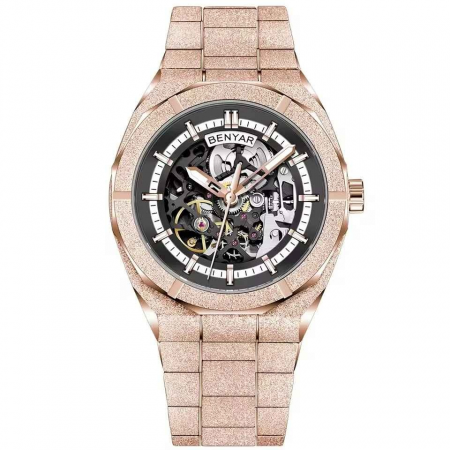 Ceas bărbătesc BENYAR BY-5212M, auriu roze, cadran negru skeleton, mecanic automat, oțel inoxidabil [0]