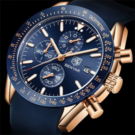 Ceas barbatesc Benyar C1404, Casual, Cronograf, Analog, Curea din silicon [5]