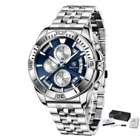 Ceas barbatesc Benyar Casual Quartz Analog Otel Afisare data Cronograf Argintiu [3]
