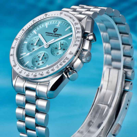 Ceas bărbătesc cronograf PD-1701 V6, cadran albastru ice blue, 40mm, mecanism Seiko VK63, sticlă safir, oțel inoxidabil, 100M [2]