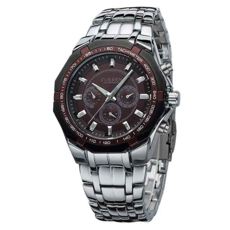 Modele noi - Ceas bărbătesc Curren 8084 bordo închis cu cronograf, brățară argintie și cadran elegant