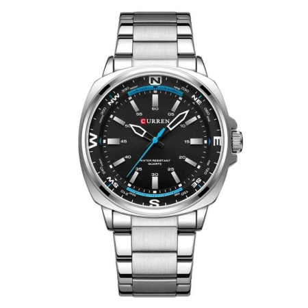 Modele noi - Ceas bărbătesc CURREN 8455 Quartz 41 mm, brățară din oțel inoxidabil, 3 ATM, cadran negru cu accente albastre