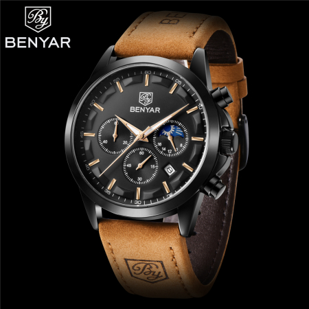 Ceas de barbati de mana Benyar Elegant Quartz Cronograf Casual Piele MaroNegru [3]