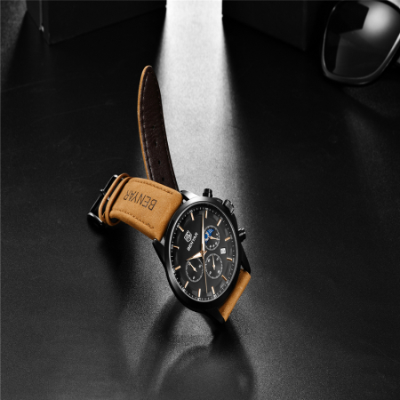 Ceas de barbati de mana Benyar Elegant Quartz Cronograf Casual Piele MaroNegru [2]