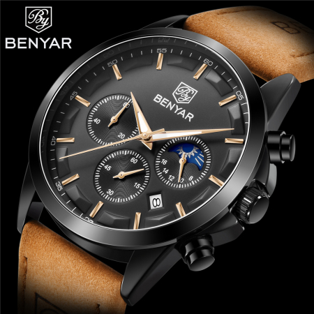 Ceas de barbati de mana Benyar Elegant Quartz Cronograf Casual Piele MaroNegru [1]