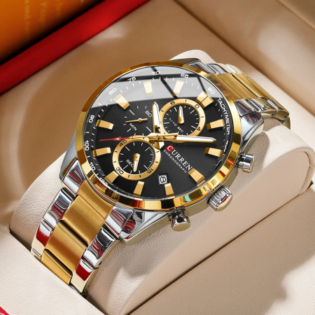 Ceas barbatesc de mana Curren Cronograf Quartz Analog Casual Elegant Fashion Auriu/Negru [1]