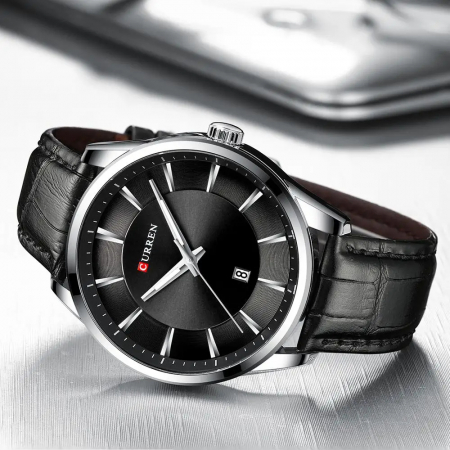 Ceas barbatesc de mana Curren Quartz Fashion Simplu Piele Negru Argintiu [4]
