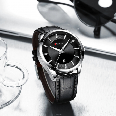 Ceas barbatesc de mana Curren Quartz Fashion Simplu Piele Negru Argintiu [3]