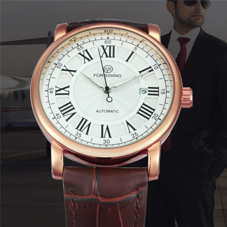 Ceas barbatesc de mana Forsining Mecanic Automatic Analog Clasic Elegant Luxury Business Retro Vintage Fashion Casual Maro Auriu [1]