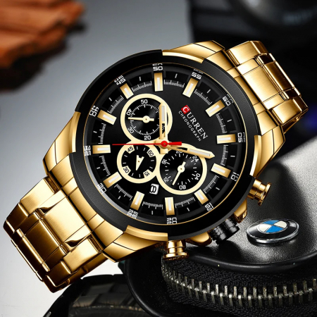 Ceas barbatesc Curren Cronograf Analog Multifunctional Casual Fashion Auriu [3]
