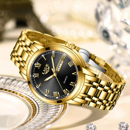 Ceas dama de mana Lige Quartz Fashion Luxury Elegant Casual Analog Auriu [5]