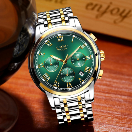 Ceas dama de mana Lige Top Brand Luxury Casual Elegant Fashion Analog Quartz Argintiu Verde [5]
