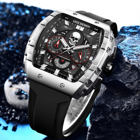 Ceas barbatesc de mana Lige Craniu Skeleton Casual Stil Cronograf Militar Sport Silicon [5]