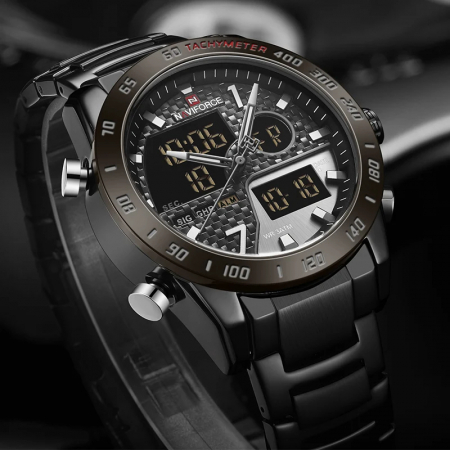 Ceas barbatesc de mana Naviforce Dual Time Led Quartz Casual Otel inoxidabil Negru [4]