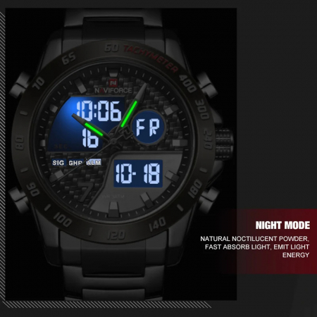 Ceas barbatesc de mana Naviforce Dual Time Led Quartz Casual Otel inoxidabil Negru [3]