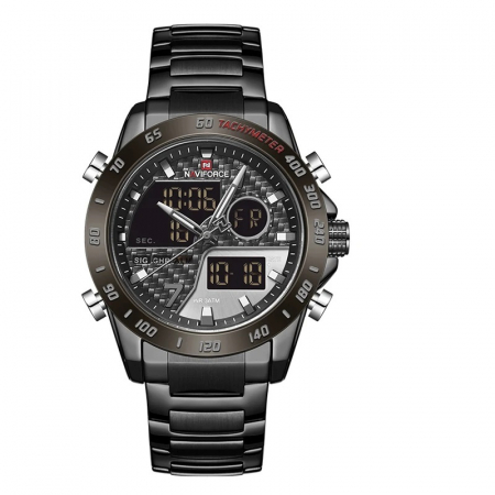 Ceasuri barbatesti - Ceas barbatesc de mana Naviforce Dual Time Led Quartz Casual Otel inoxidabil Negru