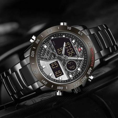 Ceas barbatesc de mana Naviforce Dual Time Led Quartz Casual Otel inoxidabil Negru [2]
