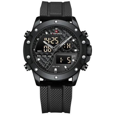 Ceas barbati de mana Naviforce Quartz Dual Time Analog Army Militar Led Silicon Negru [0]
