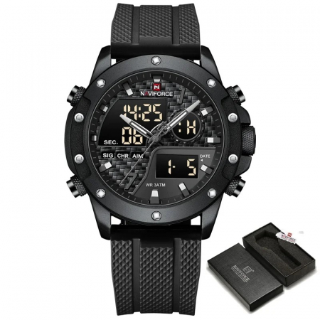 Ceas barbati de mana Naviforce Quartz Dual Time Analog Army Militar Led Silicon Negru [5]