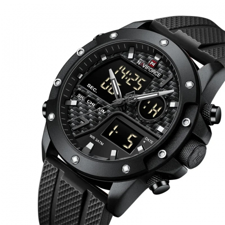 Ceas barbati de mana Naviforce Quartz Dual Time Analog Army Militar Led Silicon Negru [1]