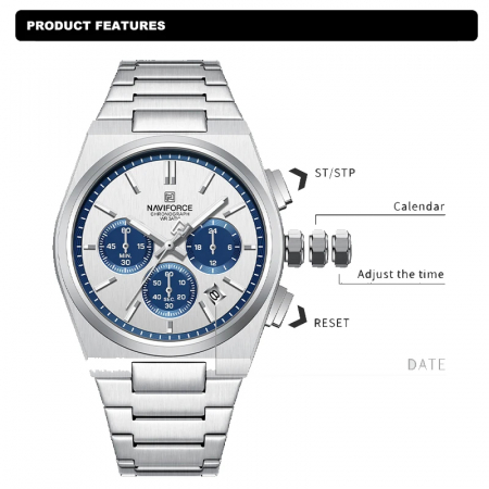 Ceas barbatesc de mana Naviforce Cronograf Quartz Analog Fashion Casual Elegant Argintiu Albastru [3]