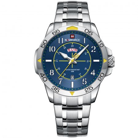 Ceas barbatesc de mana Naviforce Sport Militar Army Casual Fashion Analog Calendar Argintiu Albastru [0]