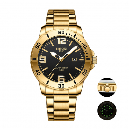 Ceas barbatesc de mana Nibosi Elegant Analog Quartz Casual Fashion Auriu Negru [3]
