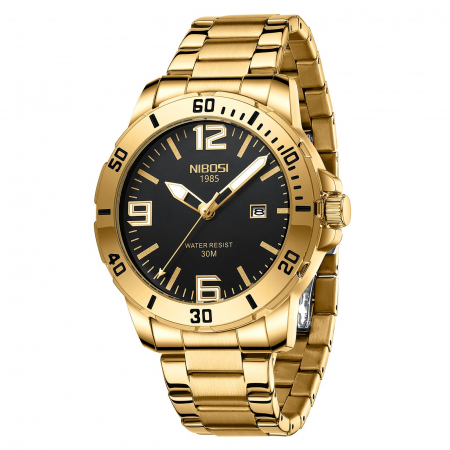 Modele noi - Ceas barbatesc de mana Nibosi Elegant Analog Quartz Casual Fashion Auriu Negru
