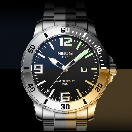 Ceas barbatesc de mana, Nibosi, Elegant, Fashion, Analog, Quartz, Casual, Argintiu Negru [3]