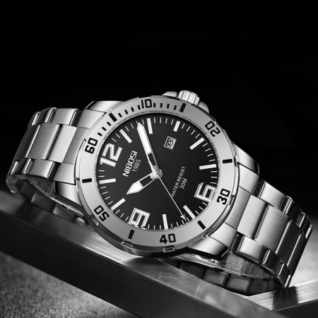 Ceas barbatesc de mana, Nibosi, Elegant, Fashion, Analog, Quartz, Casual, Argintiu Negru [2]