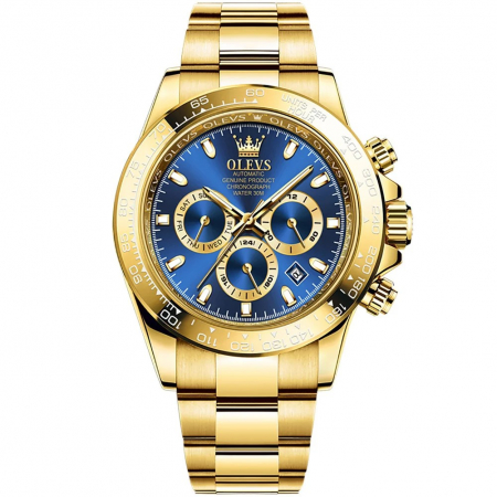 Ceasuri barbatesti - Ceas barbatesc de mana Olevs Mecanic Automatic Luxury Elegant Cronograf Data Analog Auriu/Albastru