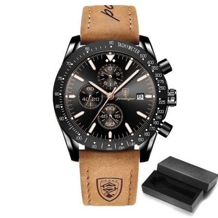 Ceas barbatesc de mana Poedagar Cronograf Quartz Business Piele naturala Maro Negru [2]