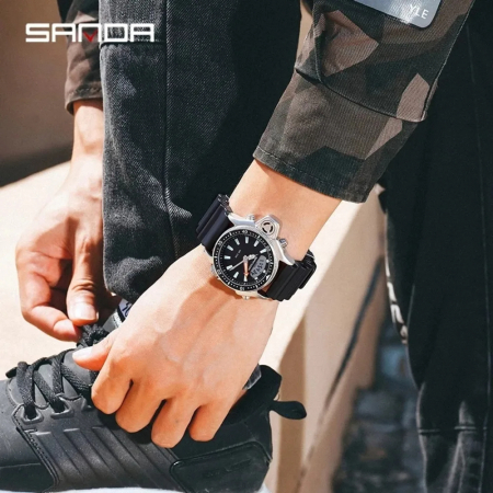 Ceas barbatesc de mana Sanda Casual Fashion Sport Quartz Negru Argintiu [3]